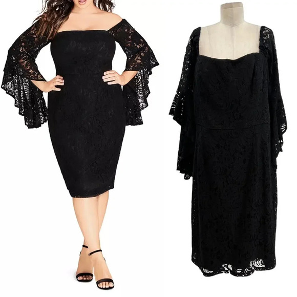 City Chic Mystic Lace Dress Black Bell Sleeve Sheath Plus Size 18 - Picture 1 of 13